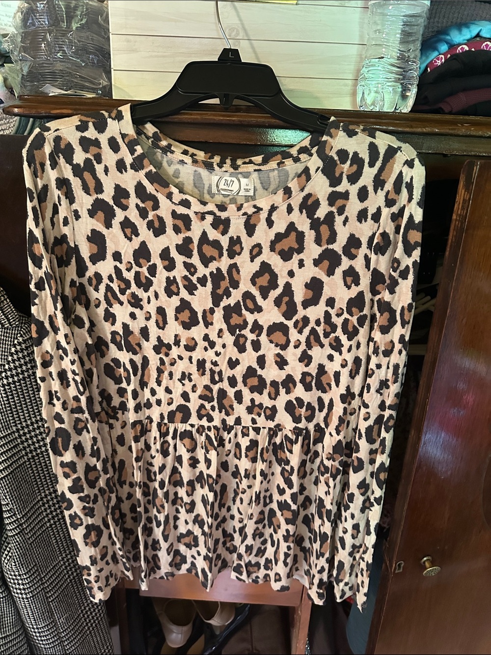 Maurices Cream and Brown Leopard Print Peplum Long-Sleeve Top